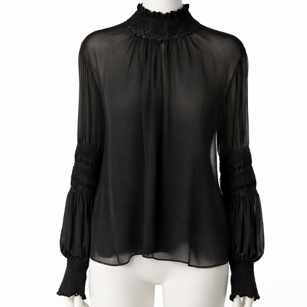 NWT Roberto Cavalli Sheer Black Silk Smocked Blouse Retail $1535 IT42 | US M